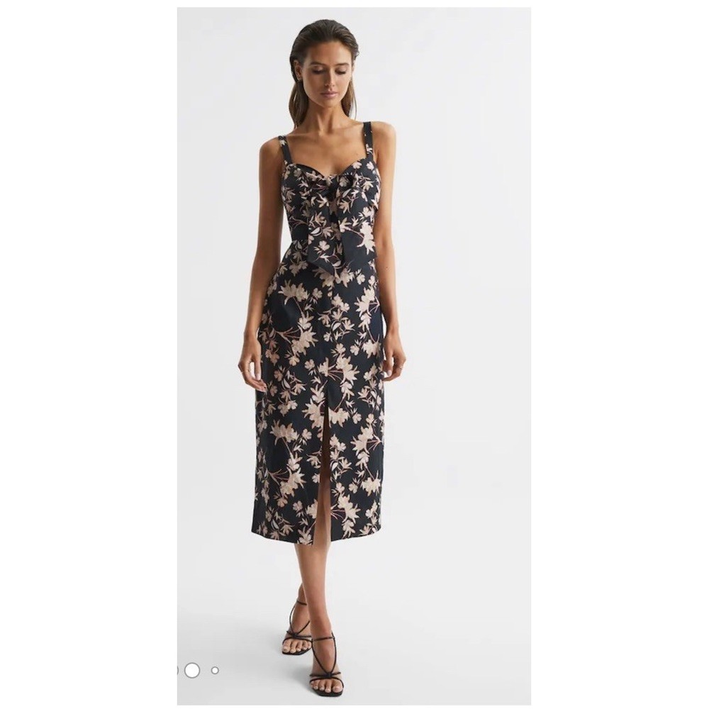 Reiss Black Blush Aleen Floral Print Linen Midi Dress Size 8 Petite Feminine